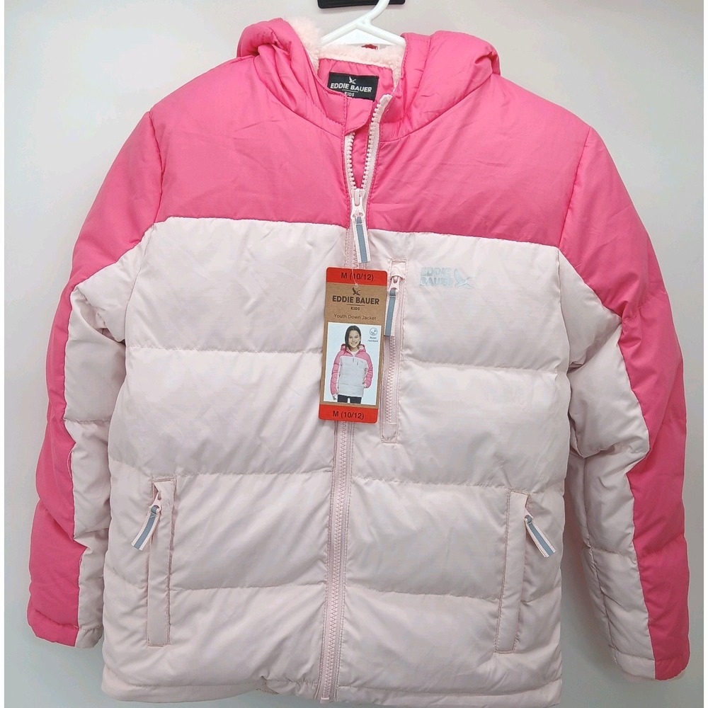 NWT Eddie Bauer Reversible Puffer Jacket Sherpa Lined Hooded  Pink Girls M 10-12